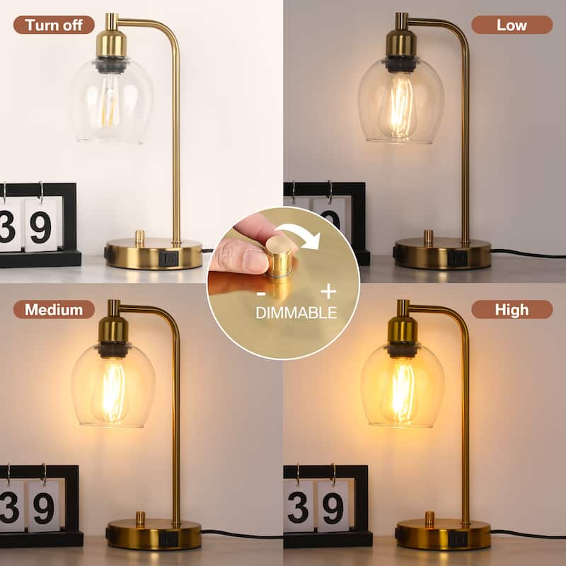 14.5 in. Industrial Table Lamp with Glass Shade with USB Port and Outlet