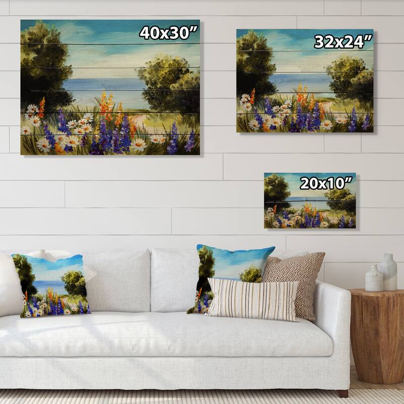 Designart 'Spring Flowers On Ocean Scenery' French Country Wood Wall