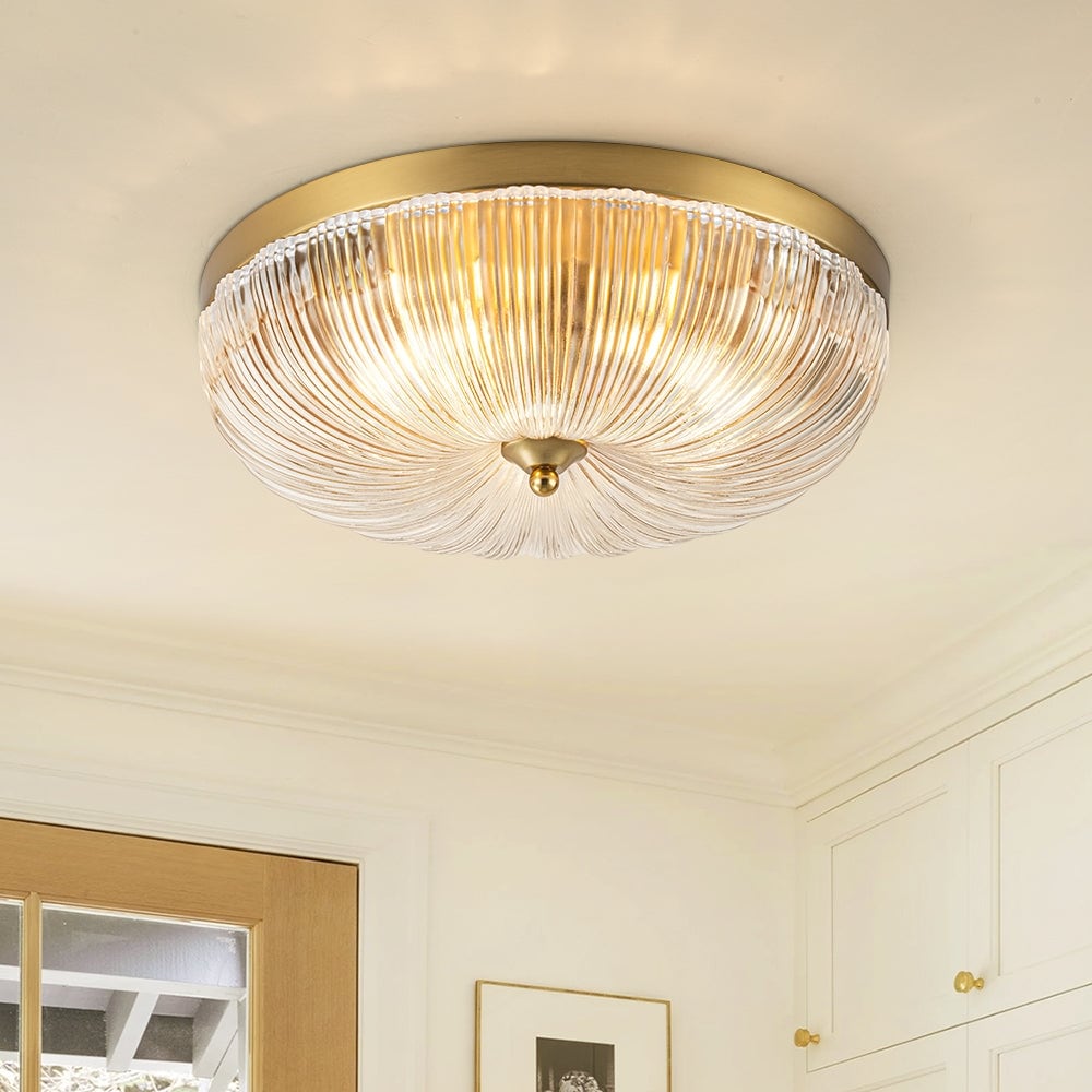 Mid Century 3-Light Round Flush Mount Clear Striped Glass Scalloped Entryway Bedroom - 15.7 in
