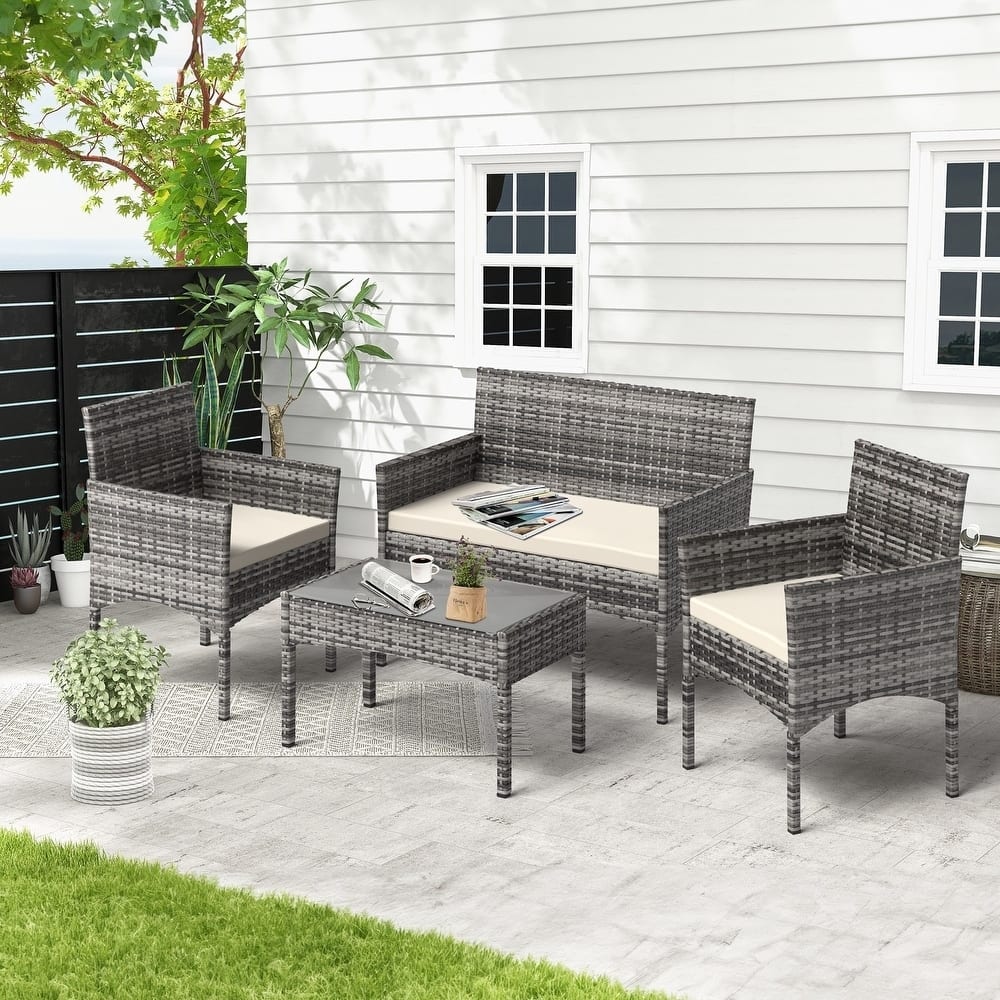 EROMMY 4-Piece Wicker Patio Furniture Set, Outdoor PE Rattan Sofa Set with Cushions & Table, Conversation Set for Backyard,Porch