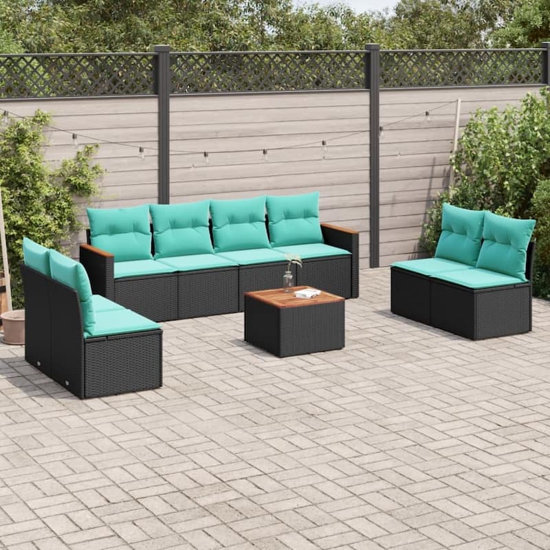 vidaXL 8 Piece Patio Sofa Set with Cushions Black Poly Rattan - 177.0x27.2x67.8 - With table