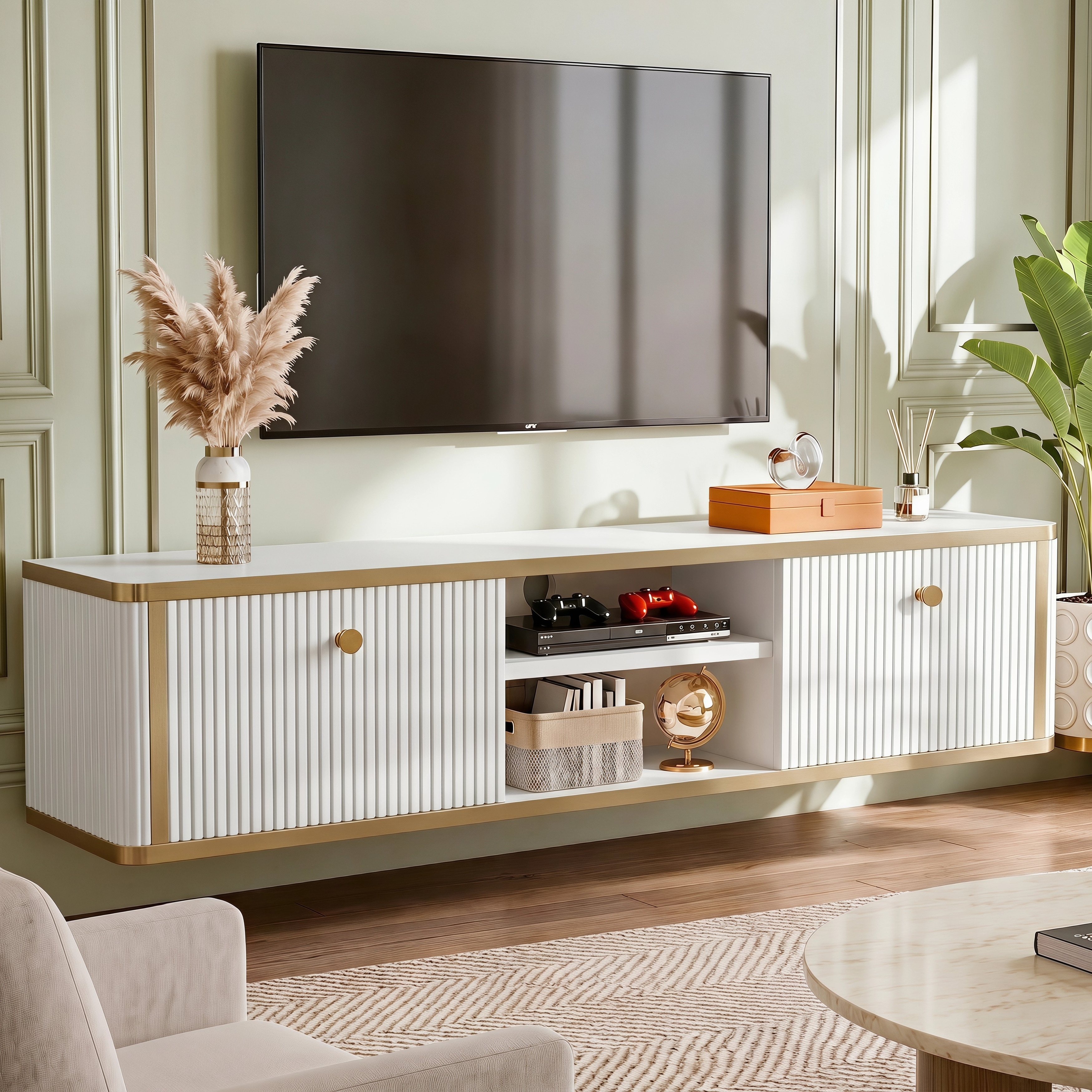 Modern Floating TV Stand with 2 Drawers, for TVs up to 65 Inches, 55" Long Wall Mounted Entertainment Center for Living Room