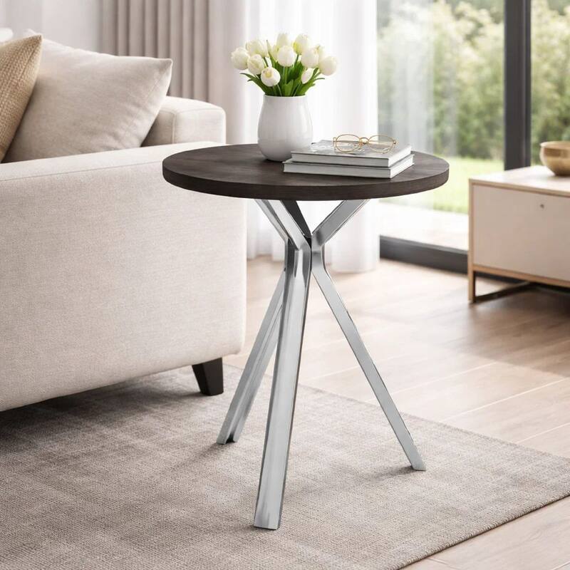 43 Inch Modern Bar Table, Gray Round Top, Polished Chrome Angled Legs