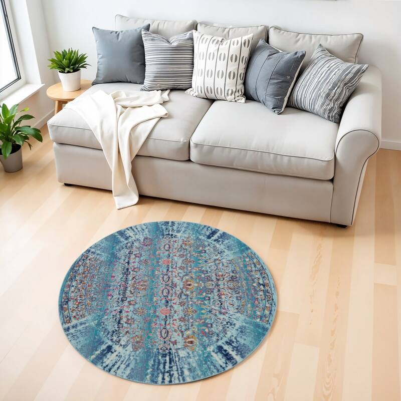 HomeRootsFloral Transitional Round Area Rug - 48' X '48' X '0.5 - 48' X '48' X '0.5 - Blue/Orange/Red