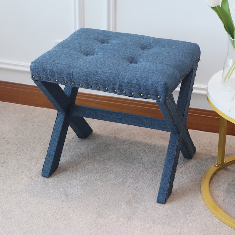 Modern Chic Vanity Stool X-Base Ottoman With Nailhead Trim (Set of 2) - Blue