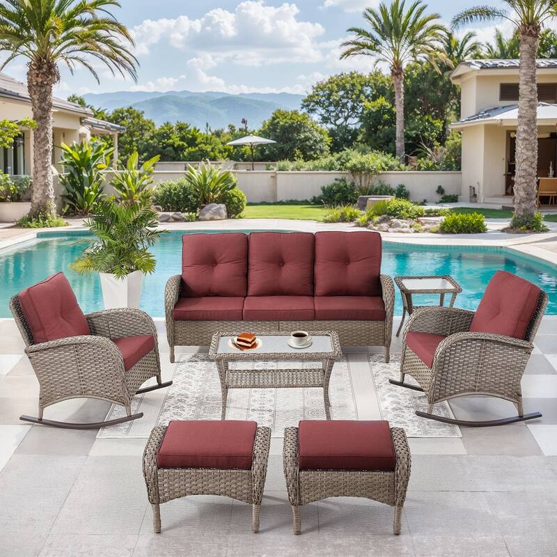 7 Pieces Rocker Chairs Sofa Ottomans Grey-Red - Grey - Grey - Red