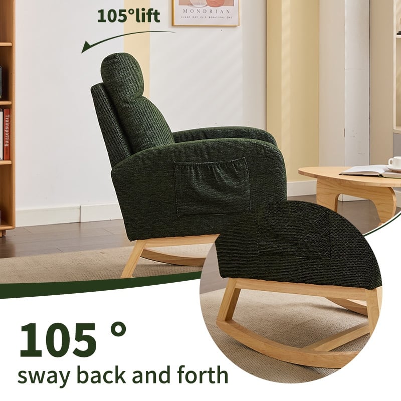 Accent Rocking Chair Rocking Chair with Solid Wood Legs, Upholstered Nursery Glider Rocker, Comfy Armchair with Side Pocket