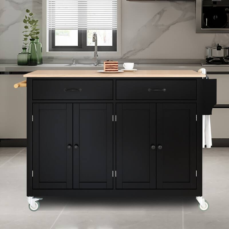 Kitchen Island Cart with Solid Wood Top - Black