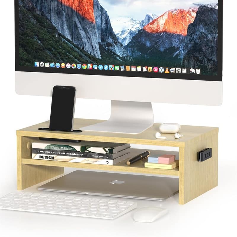 2-Tier White Wood Monitor Stand - Maple