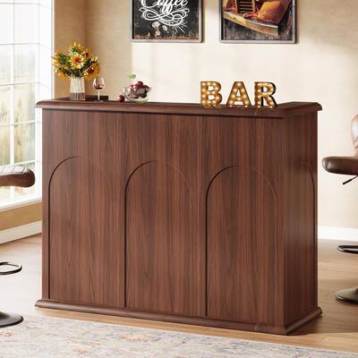 2-Tier Mid-Century Home Bar Unit Bar Cabinet Height Pub Table - Walnut - 55" L × 19.69" W × 41.73" H