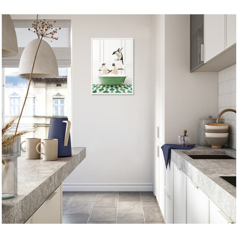 Kate and Laurel Sylvie Penguins in Eclectic Green Panel Wall Bathtub Framed Canvas by Amy Peterson