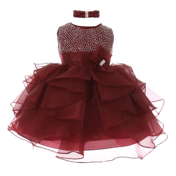 Baby Girls Burgundy Studded Cascade Ruffle Headband Flower Girl Dress