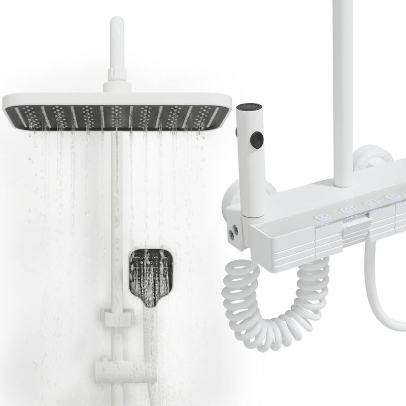White Thermostatic Shower System with Digital Display, 4 Function Rainfall Shower Head CEC Certified Aluminum Shower Faucet Set