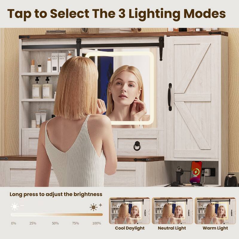 Farmhouse Vanity Desk with Sliding LED Mirror and Lights, Glass Top Vanity Set with Charging Station