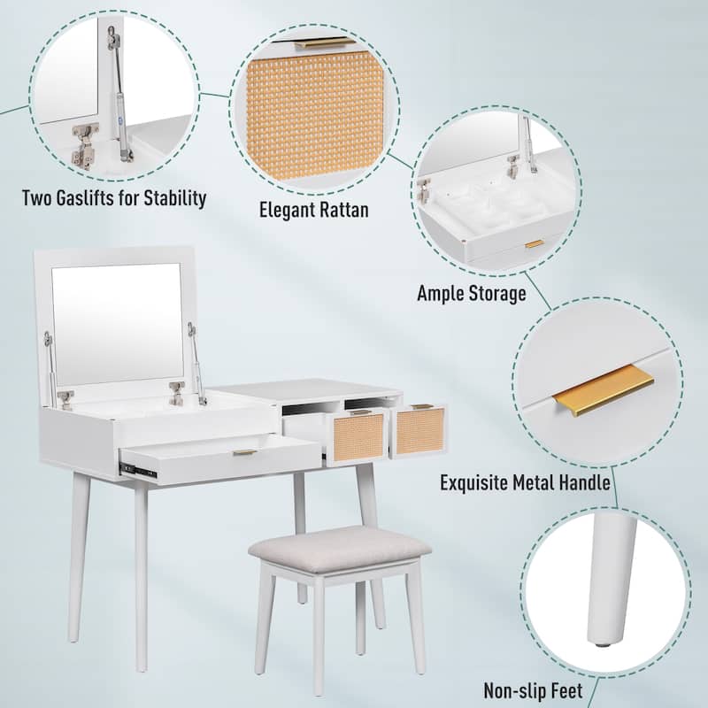 43.3" Classic Wood Makeup Vanity Set with Flip-top Mirror and Stool