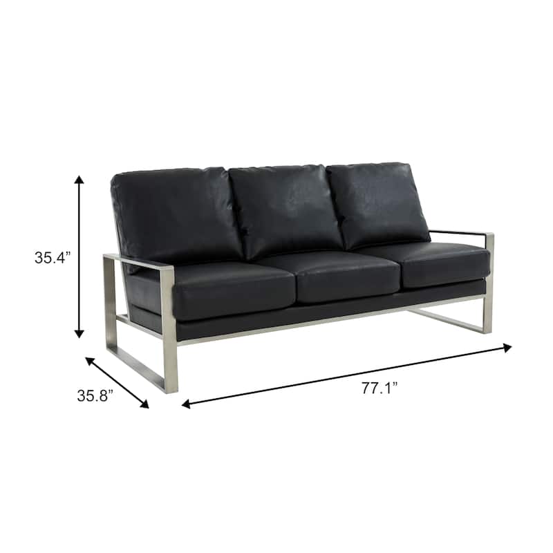 Jefferson 3 Seater Leather Sofa in Brushed Silver Stainless Steel Frame with Pocket Spring Couch for Living Room Office Lounge