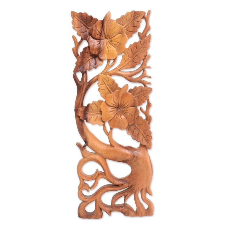 NOVICA Handmade Hibiscus Branch Wood relief panel (Indonesia) - 15.75" H x 6" W x 0.8" D