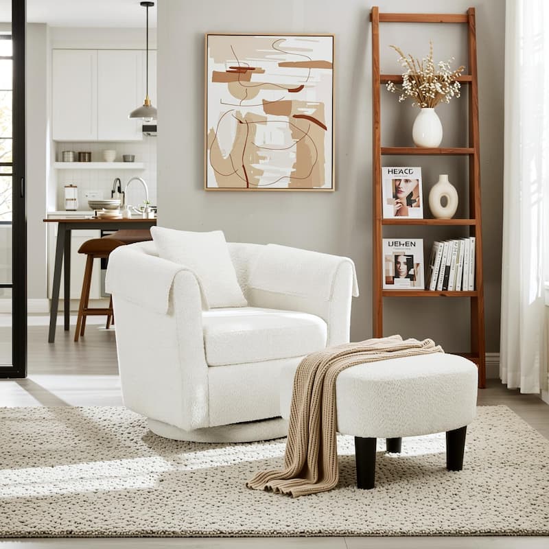 Homy Lin 360° Swivel Chenille Accent Chair with Ottoman,Armrests & Back Pillow, Comfy Living Room Armchair Set for Read or Relax
