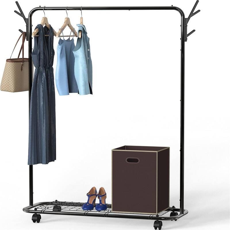 Industrial Style Garment Rack With Wheels And Hooks, Black - 17"D x 50.4"W x 64.5"H - 17"D x 50.4"W x 64.5"H - Black