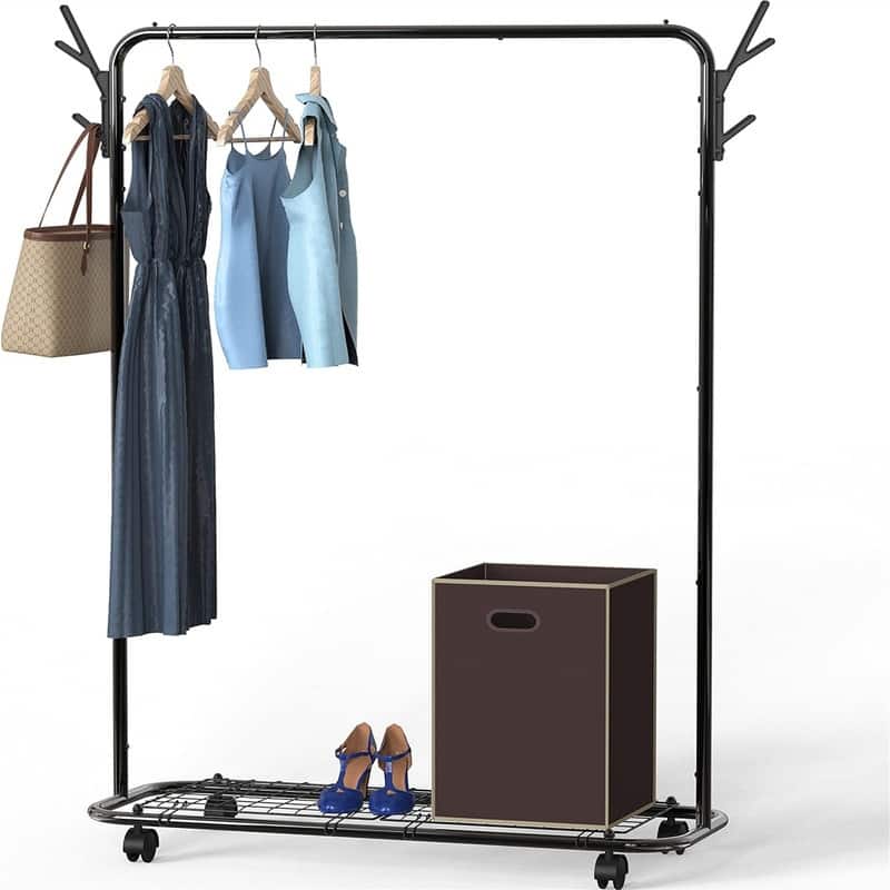 Industrial Style Garment Rack With Wheels And Hooks, Black - 17"D x 50.4"W x 64.5"H