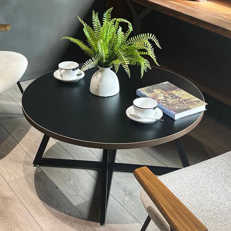 Round Coffee Table Wood Grain and Black Metal - Black