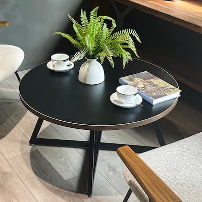 Round Coffee Table Wood Grain and Black Metal