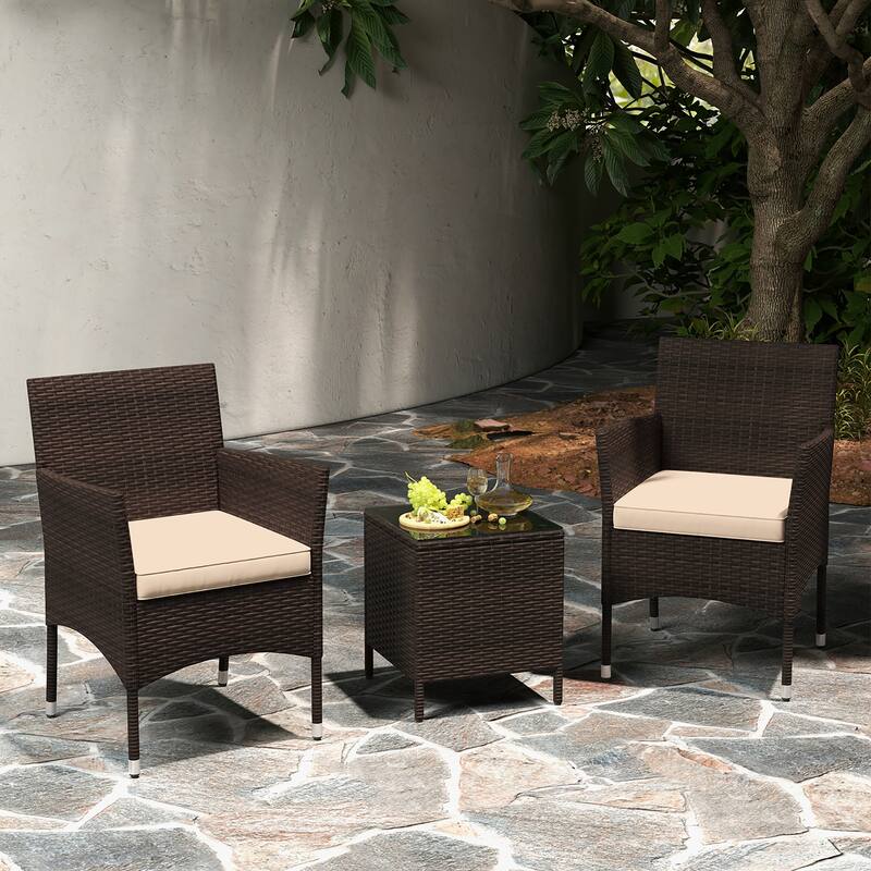 Gymax 3 PCS Outdoor Conversation Set w/ Cushioned Seat & Tempered