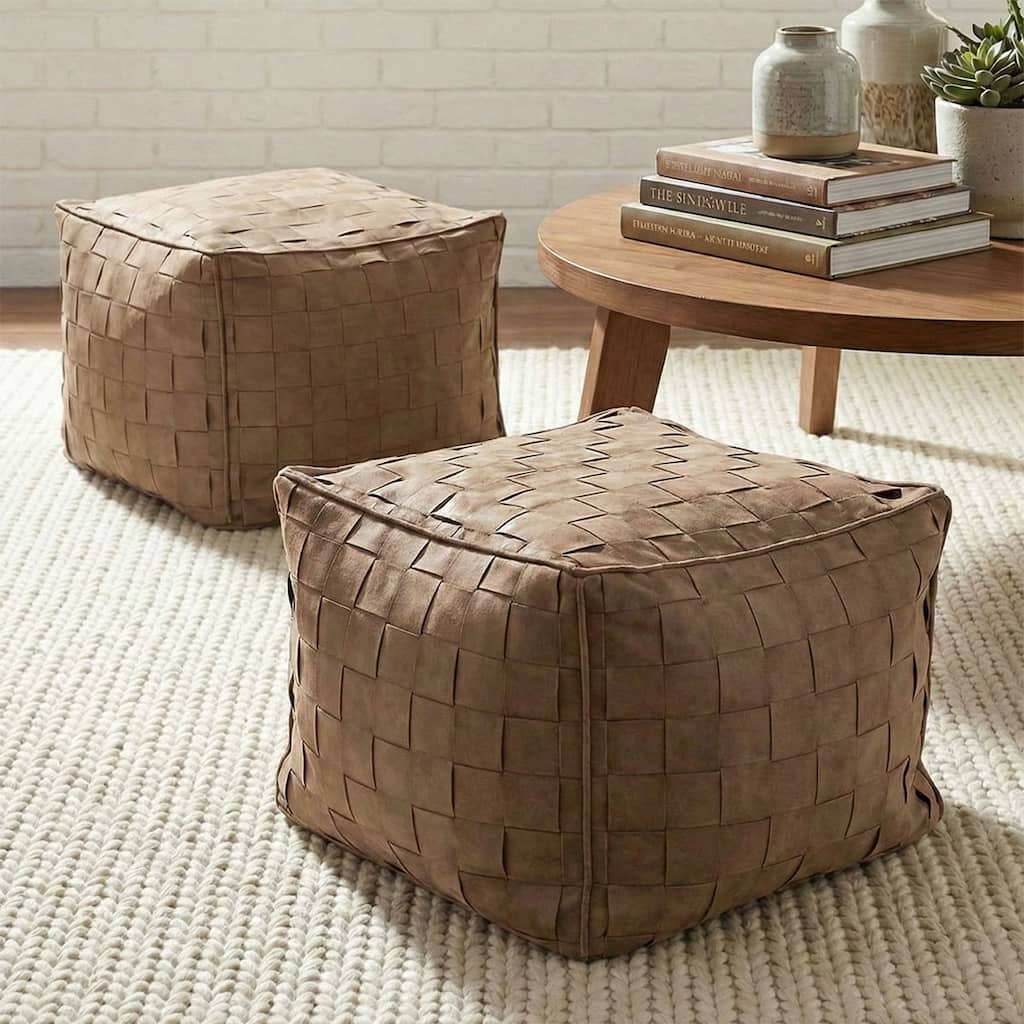 Woven Square Ottomans / Poufs — Basket-Weave Texture, Modern Versatility (Set of 2)