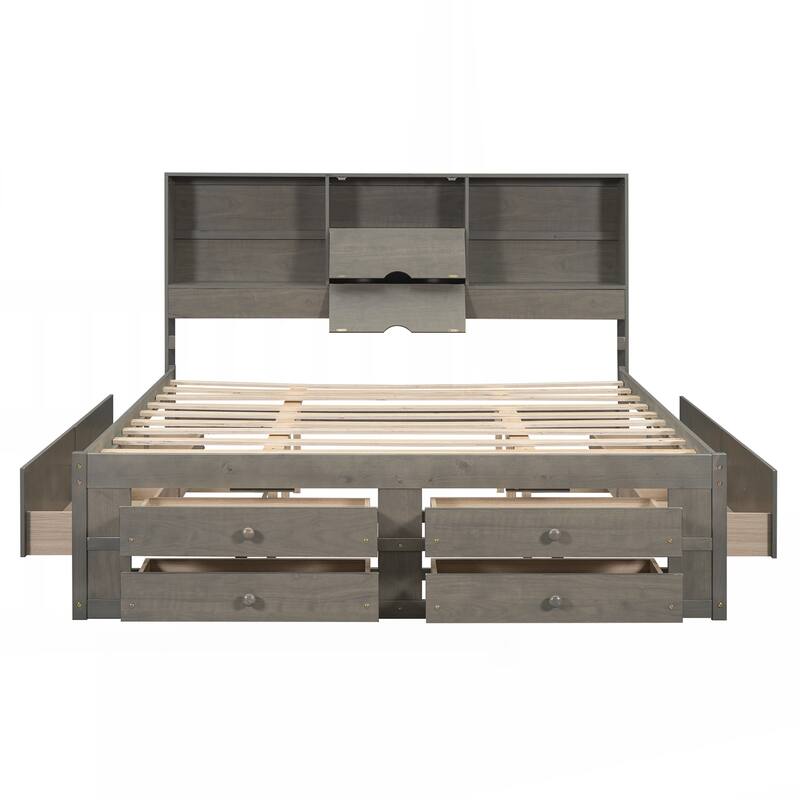 King Size Platform Bed with Storage Headboard and 8 Drawers