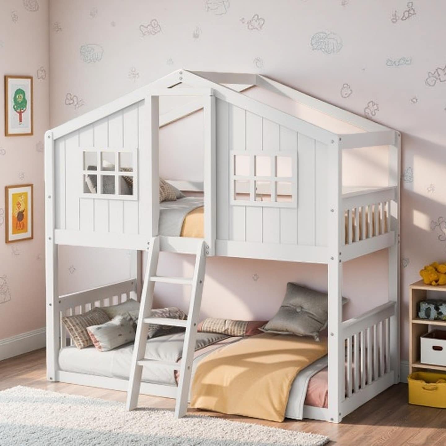 Twin-Over-Twin Kids House Bunk Bed with Ladder, Solid Pine Frame, Playhouse Roof and Window