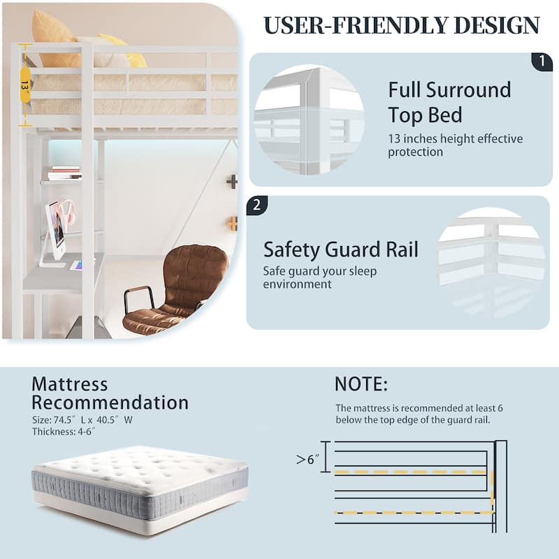 Futzca High Loft Bed Frame with Desk, Twin Size Bunk Bed