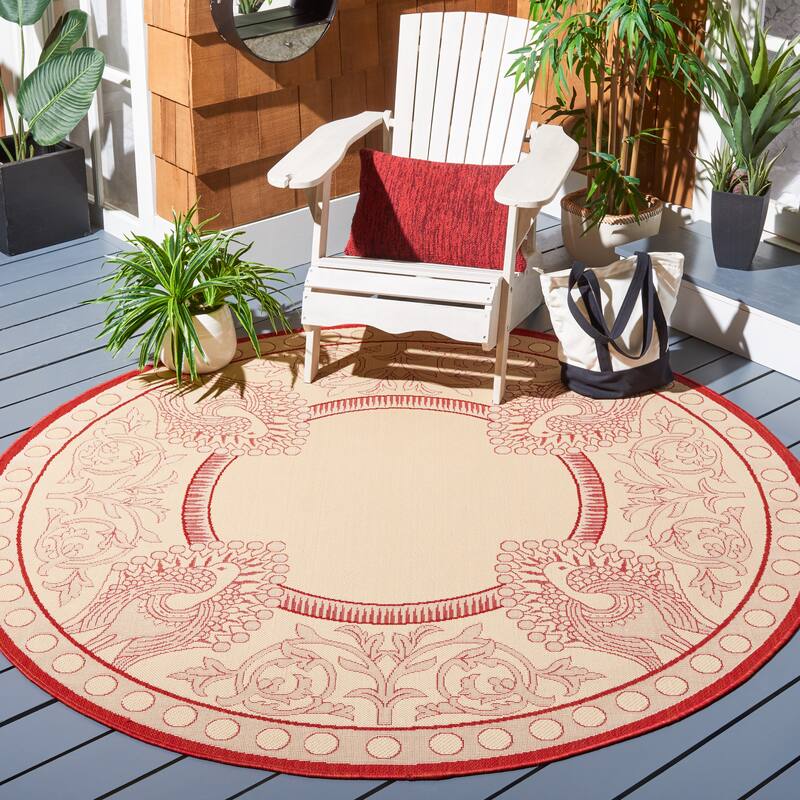 SAFAVIEH Courtyard Kitija Indoor/ Outdoor Waterproof Patio Backyard Rug - 5'3" Round - Natural/Red