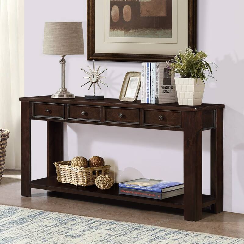 Pine Wood Console Table with 4 Drawers and Bottom Shelf for Entryway Hallway