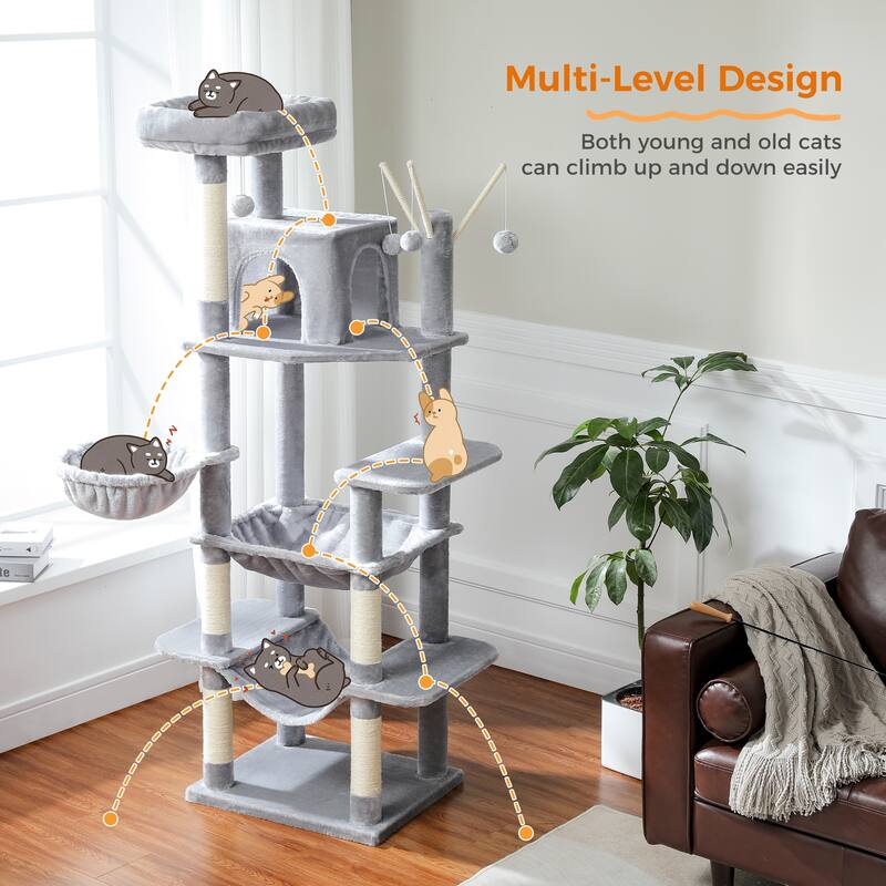 69" Tall Cat Tree Large Cat Tower with Super Big Hammock, Scratching Posts, Condo House and Large Top Perch