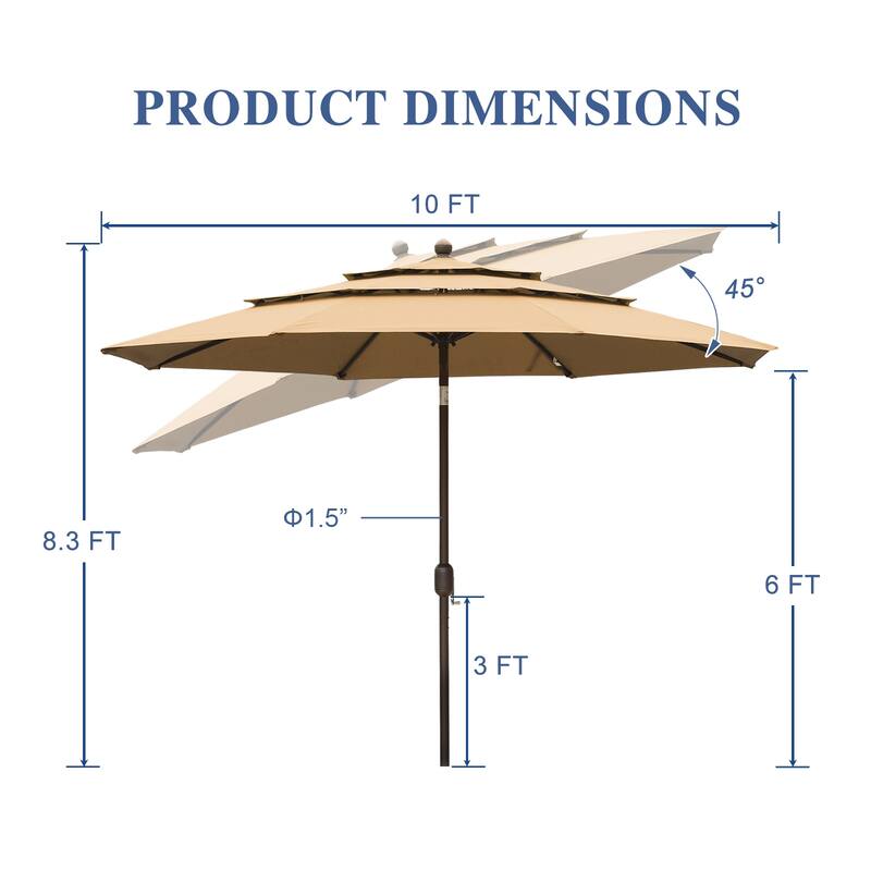 Aoodor Patio Umbrella 10 ft. for Dining Table Outdoor Market Yard Use 3 Tier Ventilation (Umbrella only)
