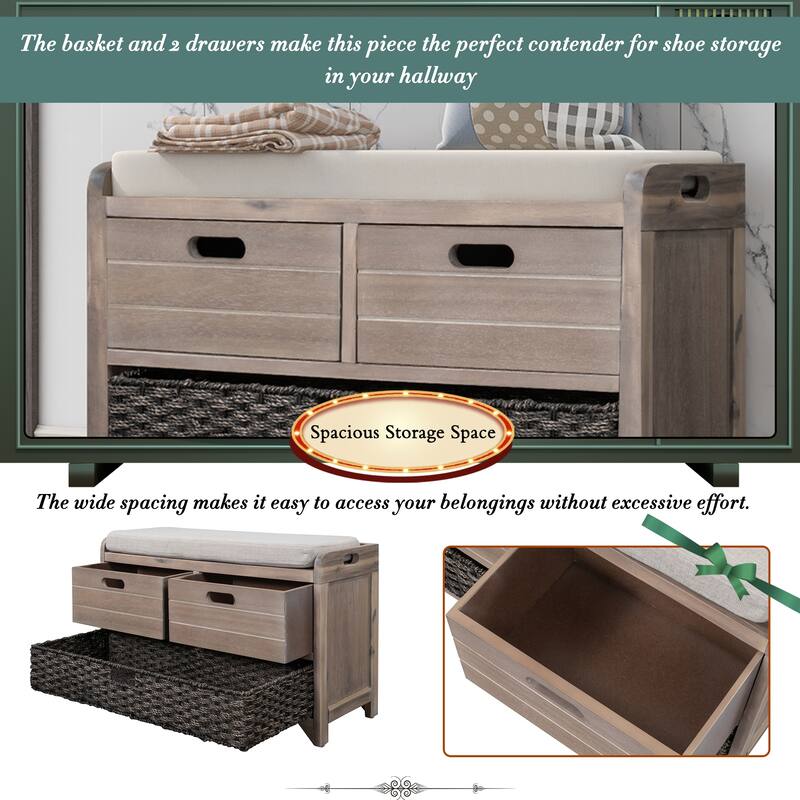 Storage Bench with Removable Basket & Drawers, Fully Assembled Benches Bench with Removable Cushion, for Entryway or Livingroom