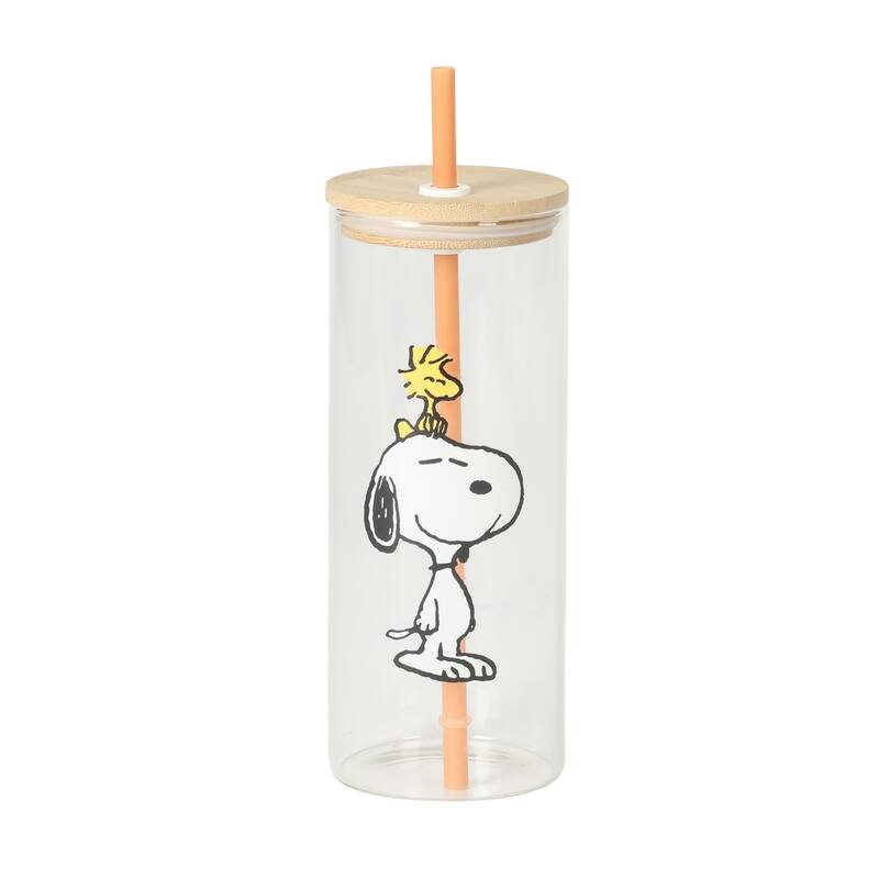 Peanuts Snoopy Happy Sips 4 Piece 23 OZ Tumbler Set with 4 Bamboo Lids and 4 Straws Set, Iced Coffe, Smoothie, Water Cup