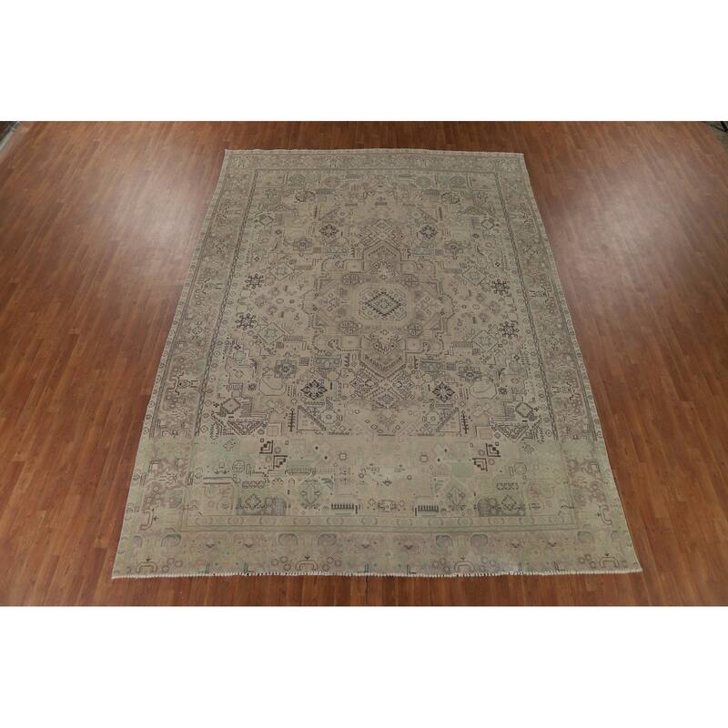 Distressed Geometric Tabriz Vintage Persian Rug Handmade Wool Carpet - 9'7" x 13'1"