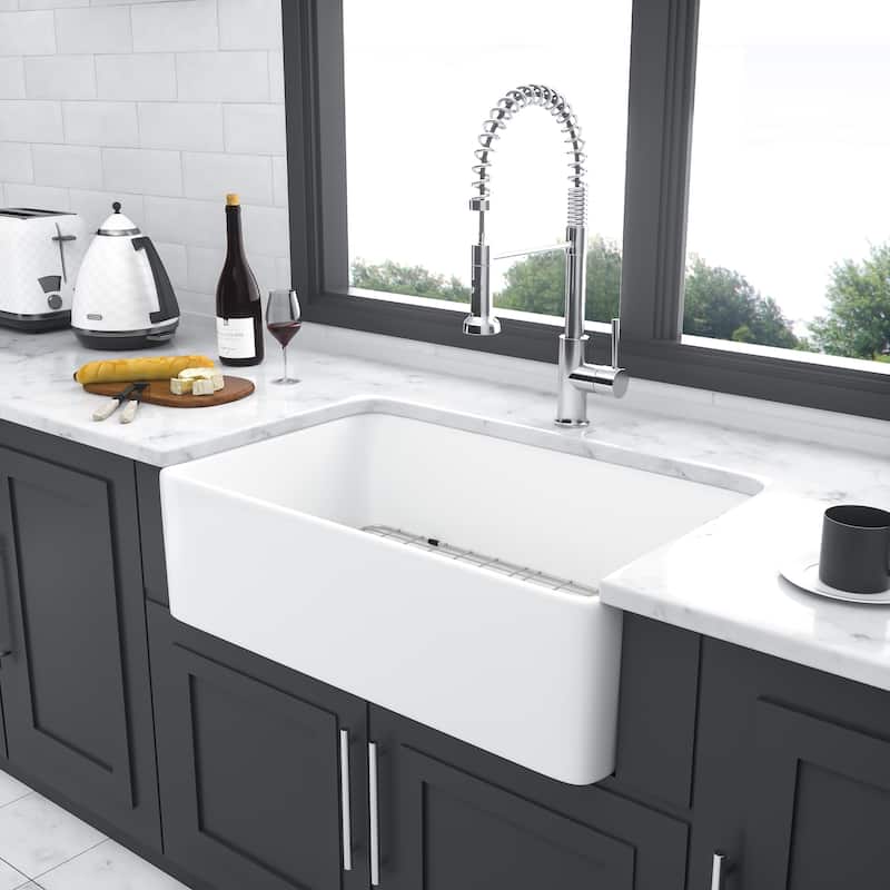 30 Inch White Farmhouse Kitchen Sink Apron Front Ceramic Single Bowl Kitchen Sinks - 30 x 20