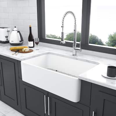 30 Inch White Farmhouse Kitchen Sink Apron Front Ceramic Single Bowl Kitchen Sinks - 30 x 20
