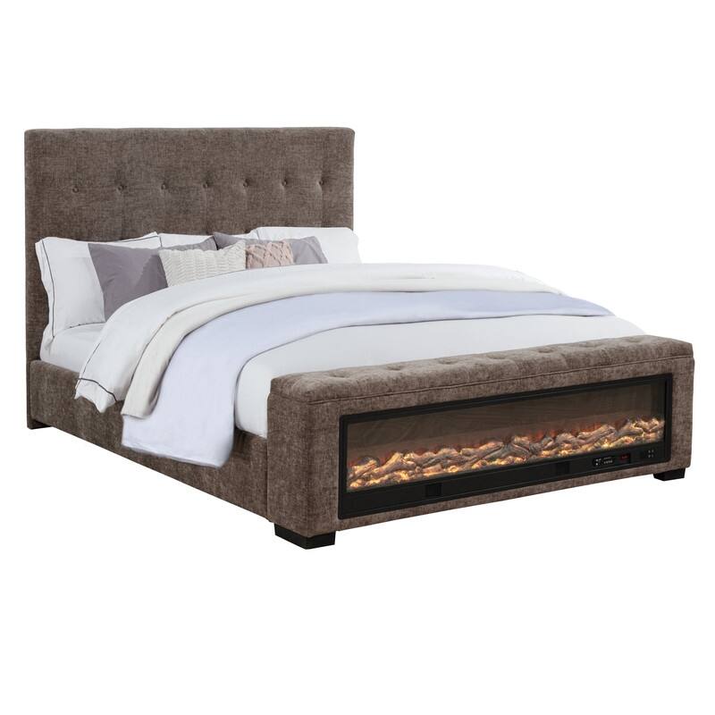 Best Master Furniture Sabine Luxe Modern Upholstered Tufted Grey Chenille Panel Bed with Integrated Fireplace Display - Queen