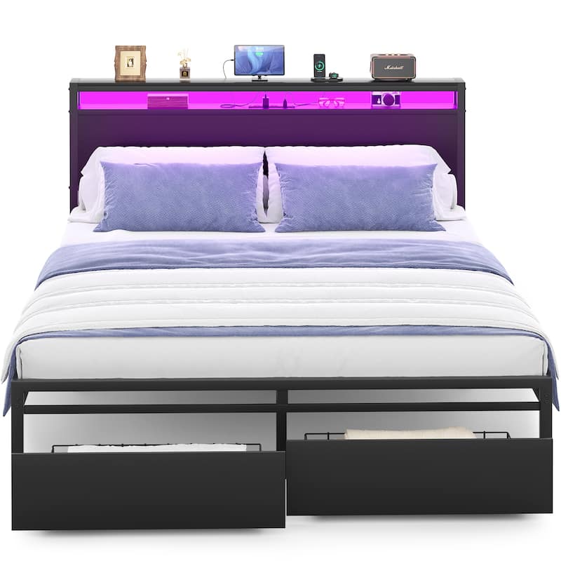 Platform Bed with Storage Headboard, Bed Frame with Charge Station and LED Light
