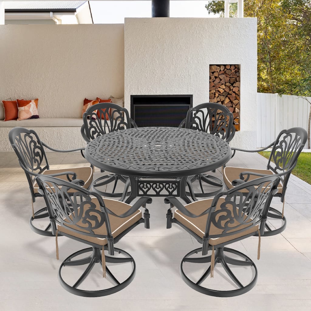 7 Pcs Patio Dining Set, Outdoor Conversation Set, 6 Swivel Chairs with Cushion, Round Table with Umbrella Hole