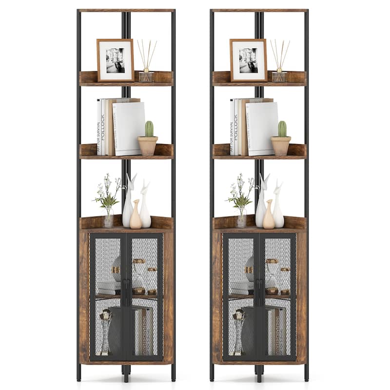 Gymax 2PCS 6-Tier Corner Shelf 67'' Tall Corner Bookshelf w/Cabinet & - Brown