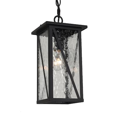 1 Light Outdoor Hanging Lantern in Clear Water Glass and Black Finish - 12.6"H x 6.3"W x 6.3"D