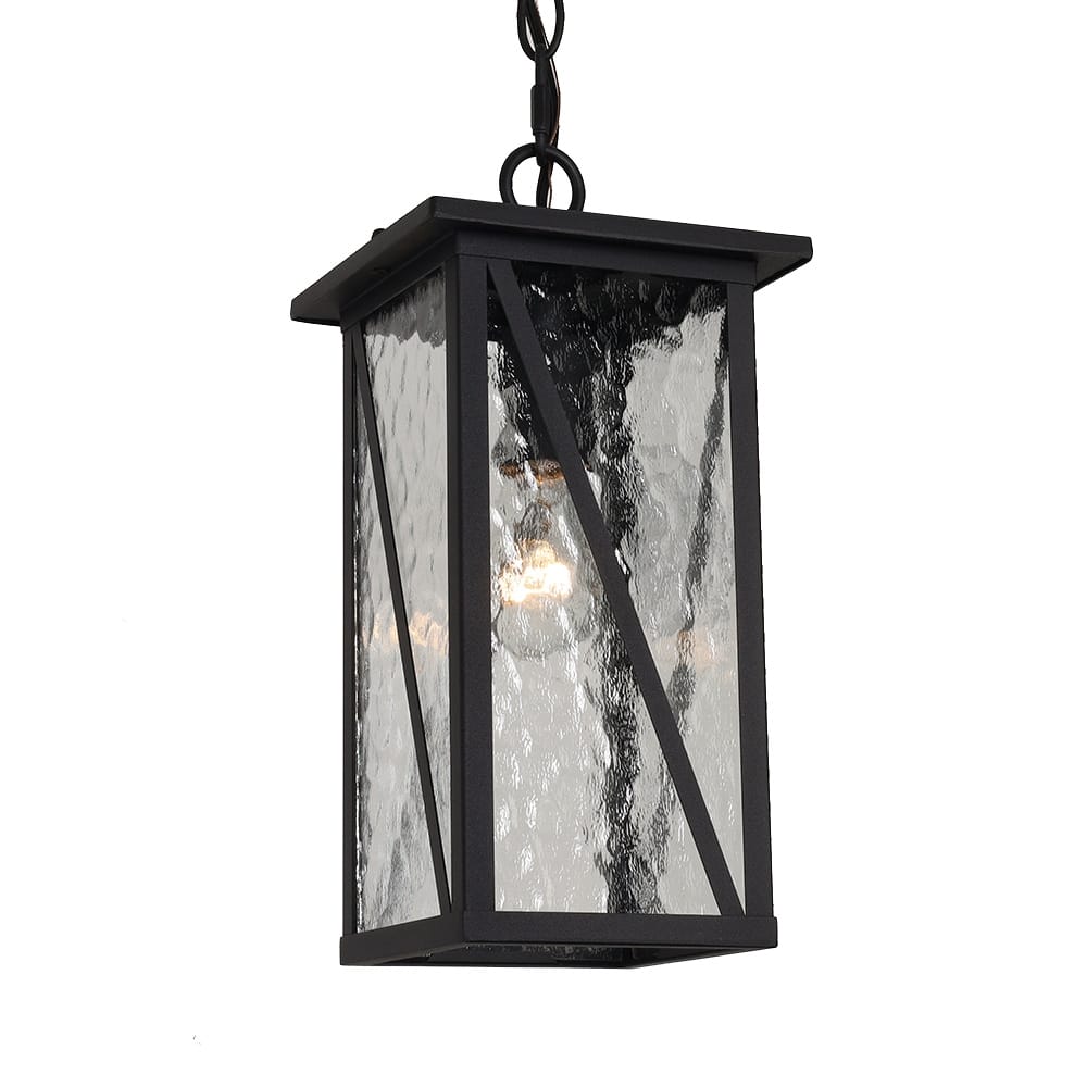 1 Light Outdoor Hanging Lantern in Clear Water Glass and Black Finish - 12.6"H x 6.3"W x 6.3"D