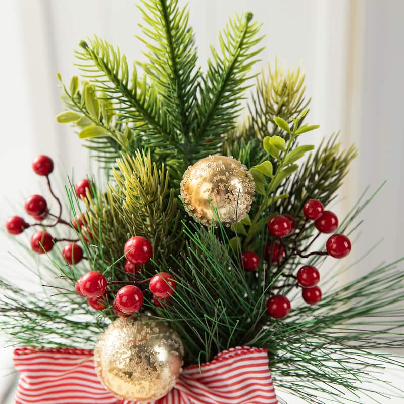 Glitzhome 14"H Artificial Mini Christmas Tree in Red Boot with Pine Needle & Berry Table Centerpiece