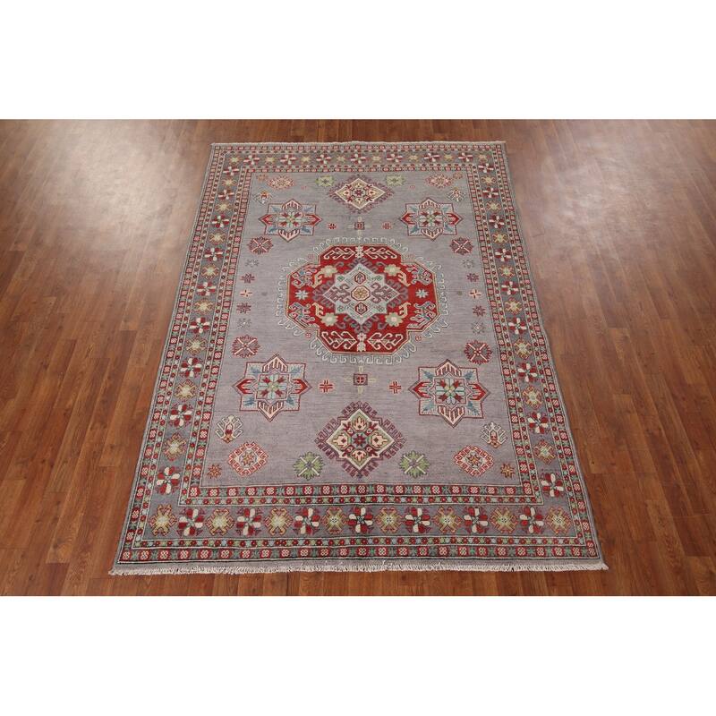 Traditional Kazak Oriental Area Rug Handmade Grey Wool Carpet - 5'7" x 7'11"