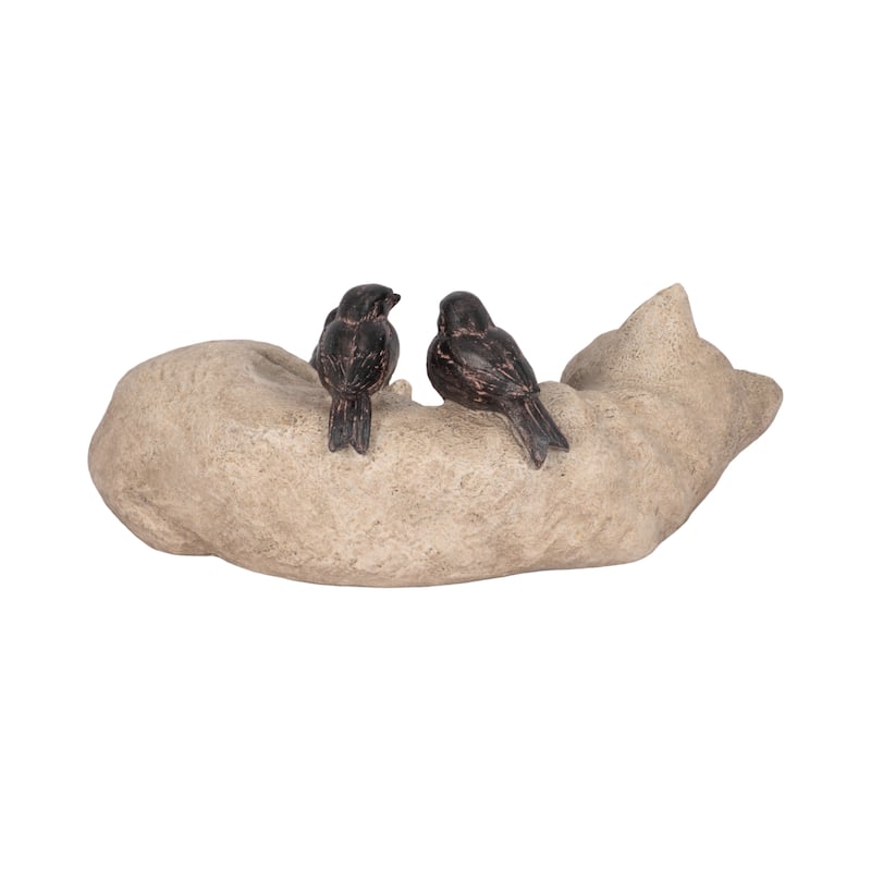 Sagebrook Home 12-inch White/Brown Sleeping Kitty With Birds - Polyresin and Metal Garden Statuary for Decor
