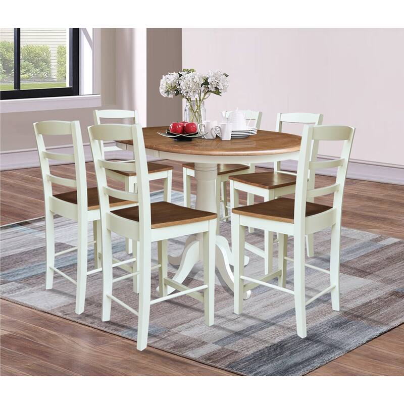 36" Round Top Pedestal Extension Dining Table with 12" Leaf and Stools